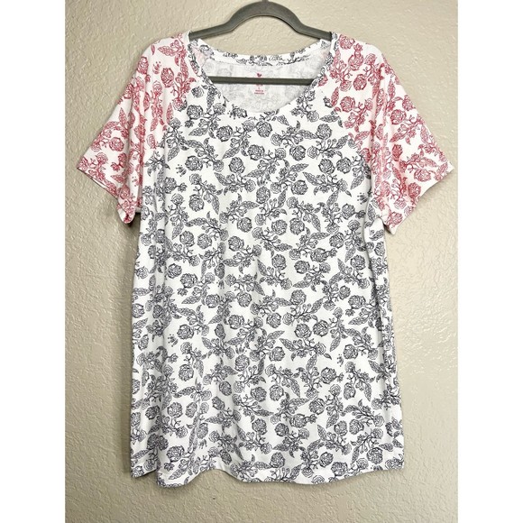 Woman Within Tops - Woman Within White Black Red Floral Pattern T-Shirt Womens Plus Size 18/20